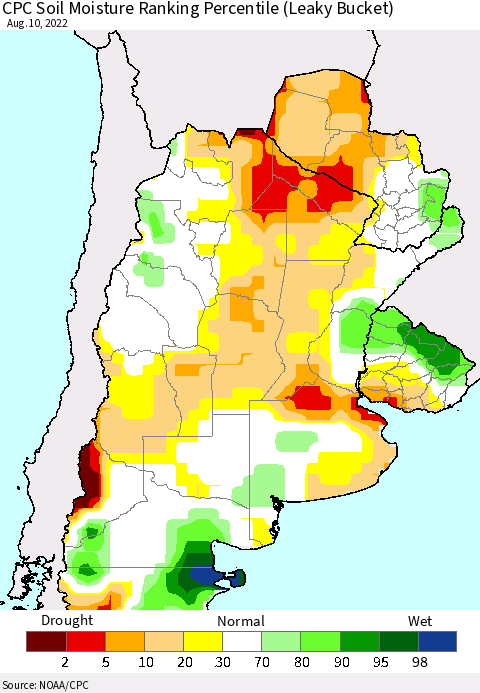 Southern South America CPC Soil Moisture Ranking Percentile (Leaky Bucket) Thematic Map For 8/6/2022 - 8/10/2022