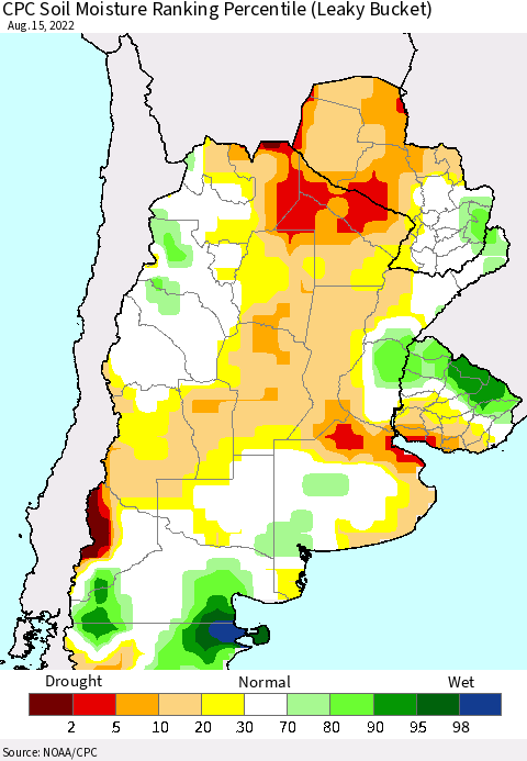 Southern South America CPC Soil Moisture Ranking Percentile (Leaky Bucket) Thematic Map For 8/11/2022 - 8/15/2022