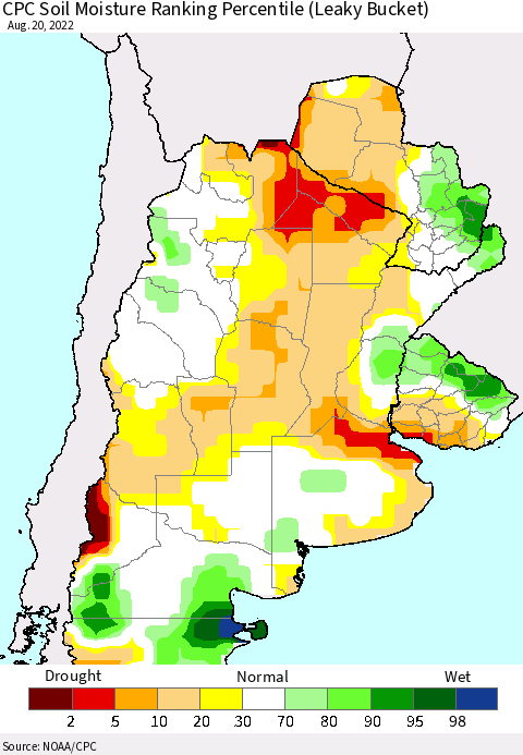 Southern South America CPC Soil Moisture Ranking Percentile (Leaky Bucket) Thematic Map For 8/16/2022 - 8/20/2022
