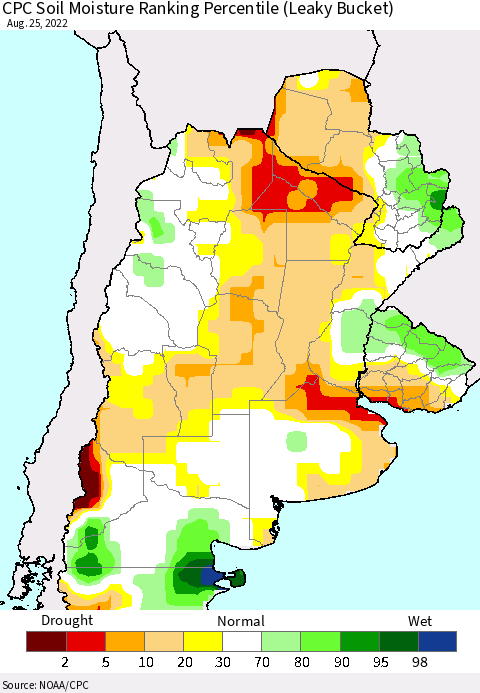 Southern South America CPC Soil Moisture Ranking Percentile (Leaky Bucket) Thematic Map For 8/21/2022 - 8/25/2022