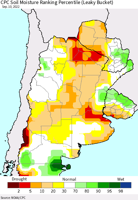 Southern South America CPC Soil Moisture Ranking Percentile (Leaky Bucket) Thematic Map For 9/6/2022 - 9/10/2022