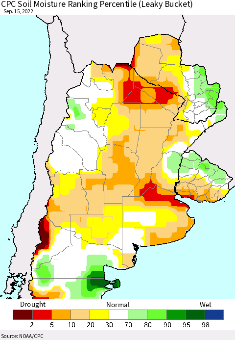 Southern South America CPC Soil Moisture Ranking Percentile (Leaky Bucket) Thematic Map For 9/11/2022 - 9/15/2022