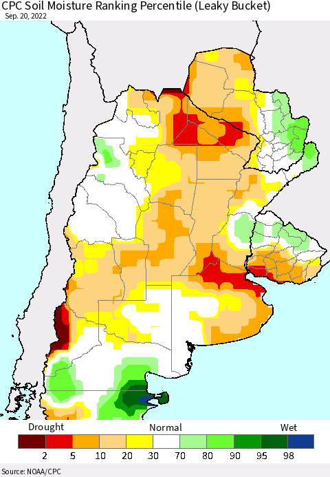 Southern South America CPC Soil Moisture Ranking Percentile (Leaky Bucket) Thematic Map For 9/16/2022 - 9/20/2022