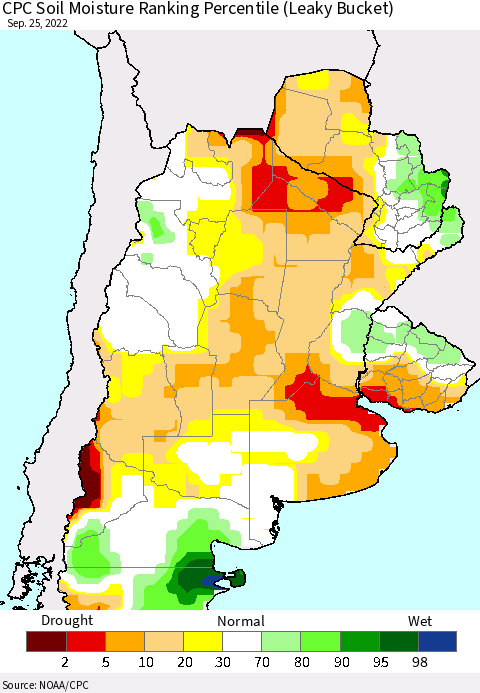 Southern South America CPC Soil Moisture Ranking Percentile (Leaky Bucket) Thematic Map For 9/21/2022 - 9/25/2022