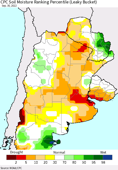 Southern South America CPC Soil Moisture Ranking Percentile (Leaky Bucket) Thematic Map For 9/26/2022 - 9/30/2022