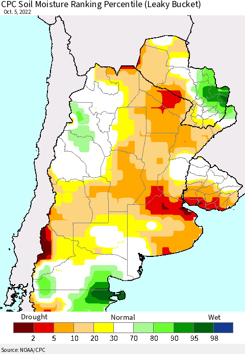 Southern South America CPC Soil Moisture Ranking Percentile (Leaky Bucket) Thematic Map For 10/1/2022 - 10/5/2022