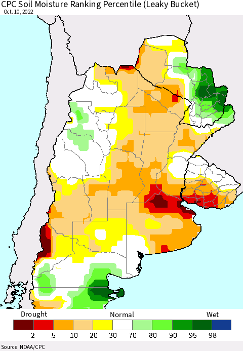 Southern South America CPC Soil Moisture Ranking Percentile (Leaky Bucket) Thematic Map For 10/6/2022 - 10/10/2022
