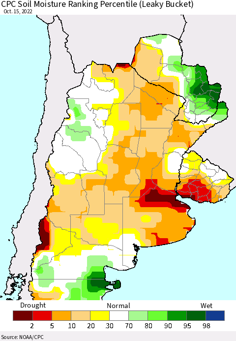 Southern South America CPC Soil Moisture Ranking Percentile (Leaky Bucket) Thematic Map For 10/11/2022 - 10/15/2022