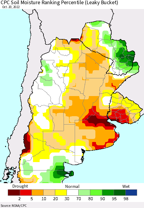 Southern South America CPC Soil Moisture Ranking Percentile (Leaky Bucket) Thematic Map For 10/16/2022 - 10/20/2022