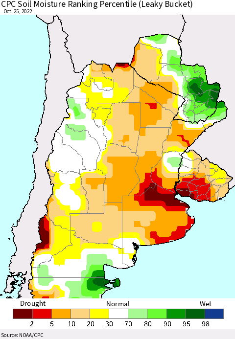 Southern South America CPC Soil Moisture Ranking Percentile (Leaky Bucket) Thematic Map For 10/21/2022 - 10/25/2022
