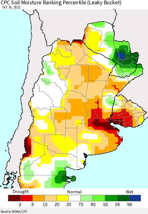Southern South America CPC Soil Moisture Ranking Percentile (Leaky Bucket) Thematic Map For 10/26/2022 - 10/31/2022