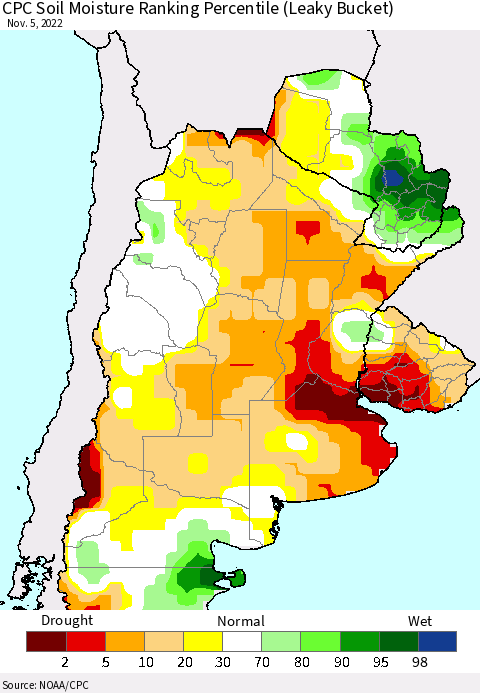 Southern South America CPC Soil Moisture Ranking Percentile (Leaky Bucket) Thematic Map For 11/1/2022 - 11/5/2022