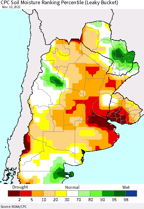 Southern South America CPC Soil Moisture Ranking Percentile (Leaky Bucket) Thematic Map For 11/6/2022 - 11/10/2022