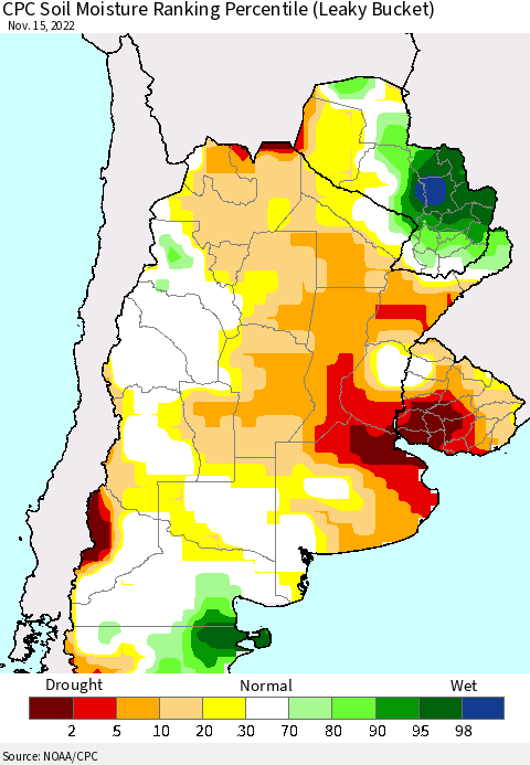 Southern South America CPC Soil Moisture Ranking Percentile (Leaky Bucket) Thematic Map For 11/11/2022 - 11/15/2022