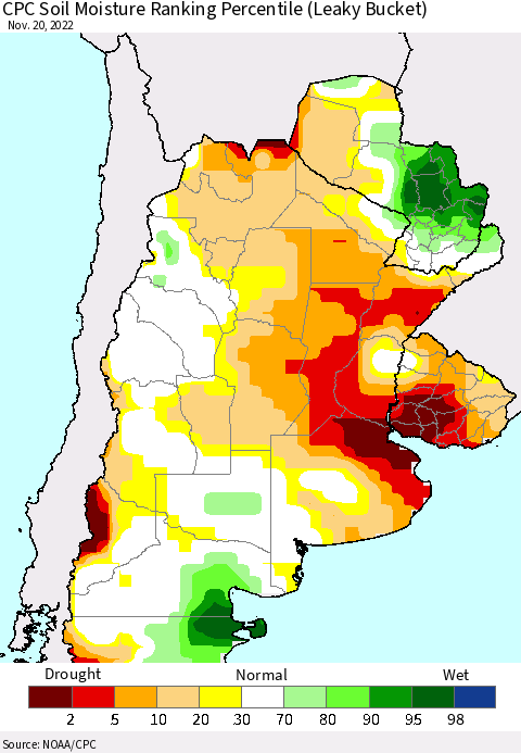 Southern South America CPC Soil Moisture Ranking Percentile (Leaky Bucket) Thematic Map For 11/16/2022 - 11/20/2022