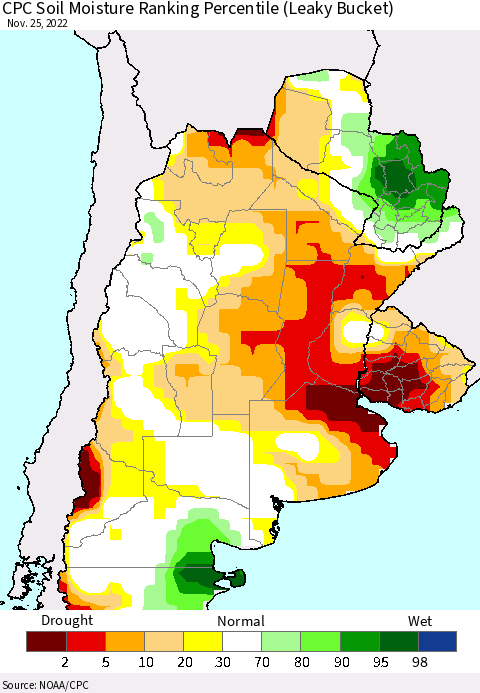 Southern South America CPC Soil Moisture Ranking Percentile (Leaky Bucket) Thematic Map For 11/21/2022 - 11/25/2022