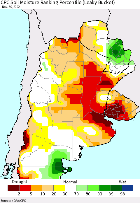 Southern South America CPC Soil Moisture Ranking Percentile (Leaky Bucket) Thematic Map For 11/26/2022 - 11/30/2022
