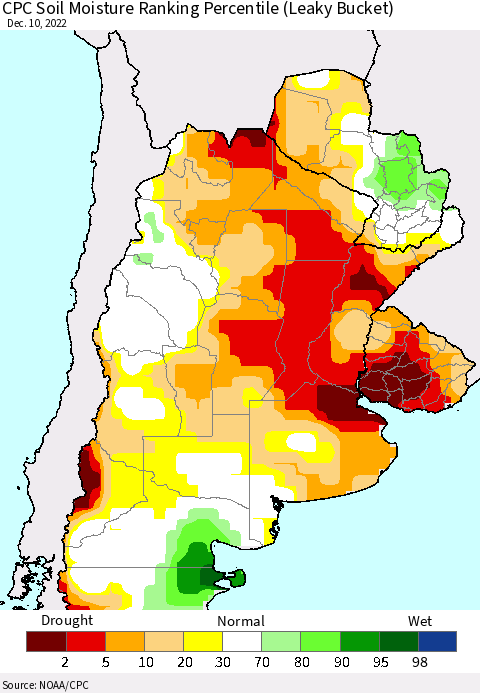 Southern South America CPC Soil Moisture Ranking Percentile (Leaky Bucket) Thematic Map For 12/6/2022 - 12/10/2022