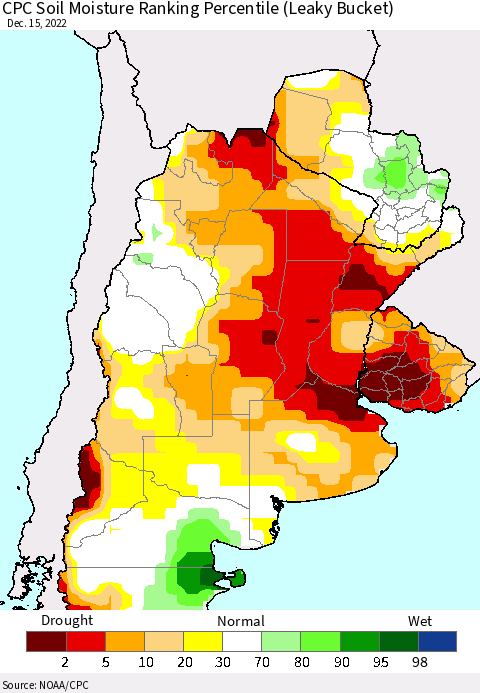 Southern South America CPC Soil Moisture Ranking Percentile (Leaky Bucket) Thematic Map For 12/11/2022 - 12/15/2022