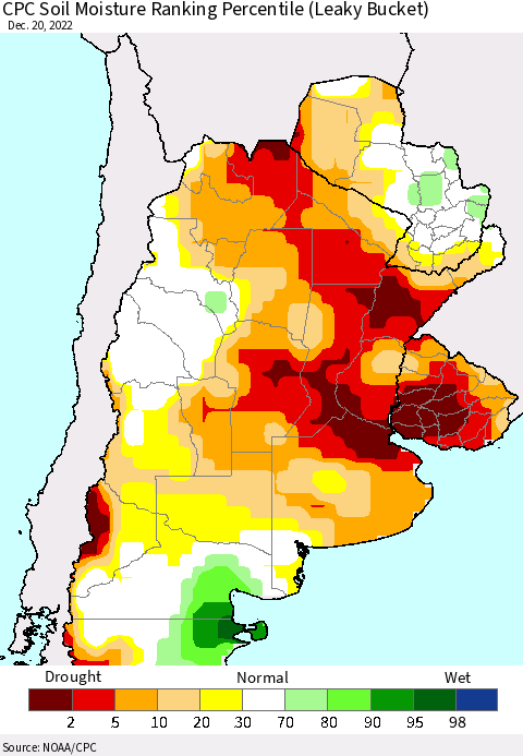 Southern South America CPC Soil Moisture Ranking Percentile (Leaky Bucket) Thematic Map For 12/16/2022 - 12/20/2022