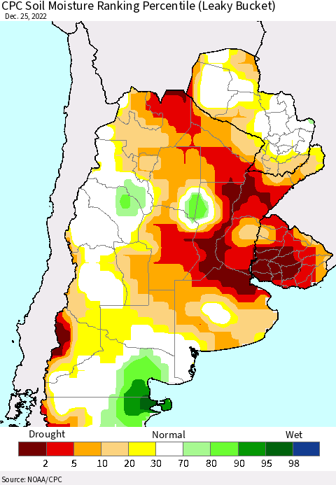 Southern South America CPC Soil Moisture Ranking Percentile (Leaky Bucket) Thematic Map For 12/21/2022 - 12/25/2022