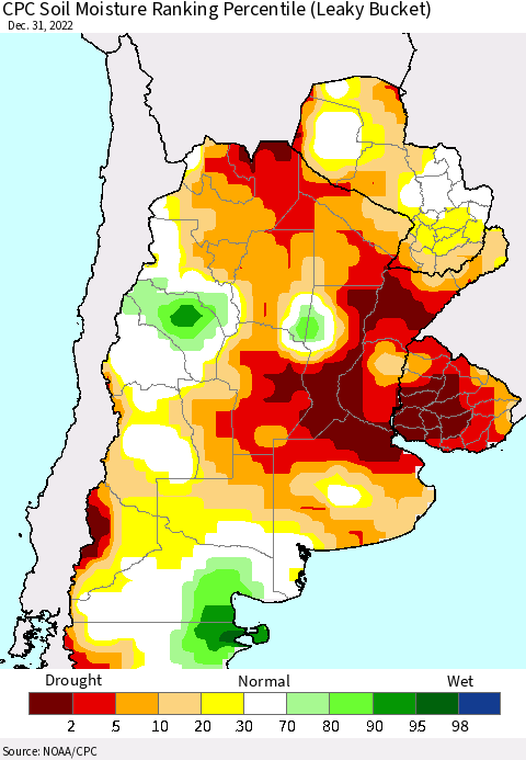 Southern South America CPC Soil Moisture Ranking Percentile (Leaky Bucket) Thematic Map For 12/26/2022 - 12/31/2022