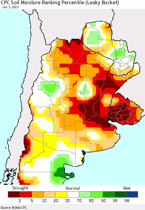 Southern South America CPC Soil Moisture Ranking Percentile (Leaky Bucket) Thematic Map For 1/1/2023 - 1/5/2023