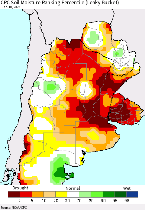 Southern South America CPC Soil Moisture Ranking Percentile (Leaky Bucket) Thematic Map For 1/6/2023 - 1/10/2023