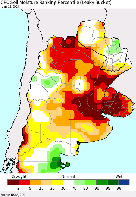 Southern South America CPC Soil Moisture Ranking Percentile (Leaky Bucket) Thematic Map For 1/11/2023 - 1/15/2023