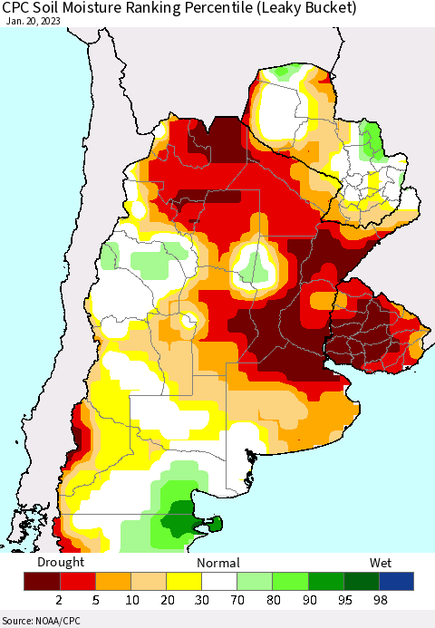 Southern South America CPC Soil Moisture Ranking Percentile (Leaky Bucket) Thematic Map For 1/16/2023 - 1/20/2023