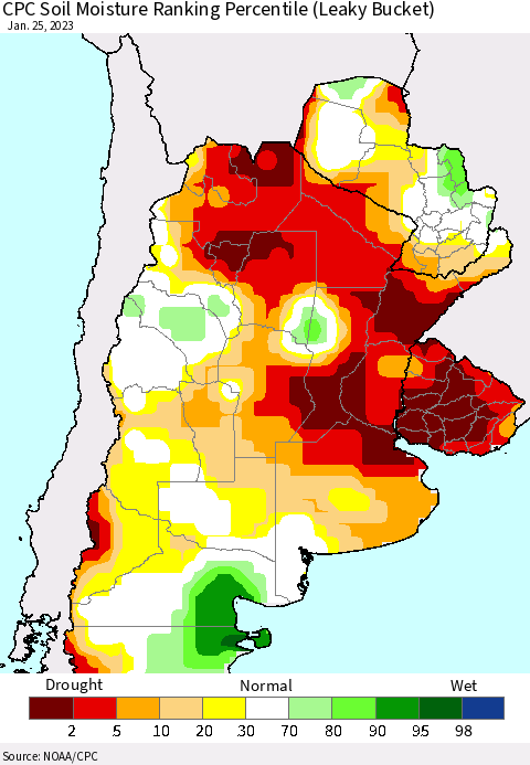 Southern South America CPC Soil Moisture Ranking Percentile (Leaky Bucket) Thematic Map For 1/21/2023 - 1/25/2023