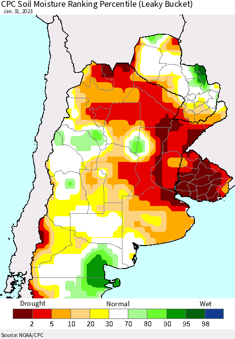 Southern South America CPC Soil Moisture Ranking Percentile (Leaky Bucket) Thematic Map For 1/26/2023 - 1/31/2023
