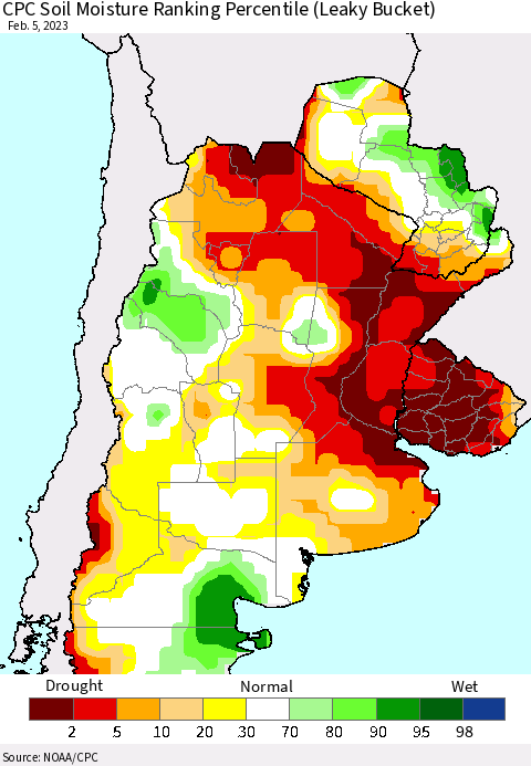 Southern South America CPC Soil Moisture Ranking Percentile (Leaky Bucket) Thematic Map For 2/1/2023 - 2/5/2023