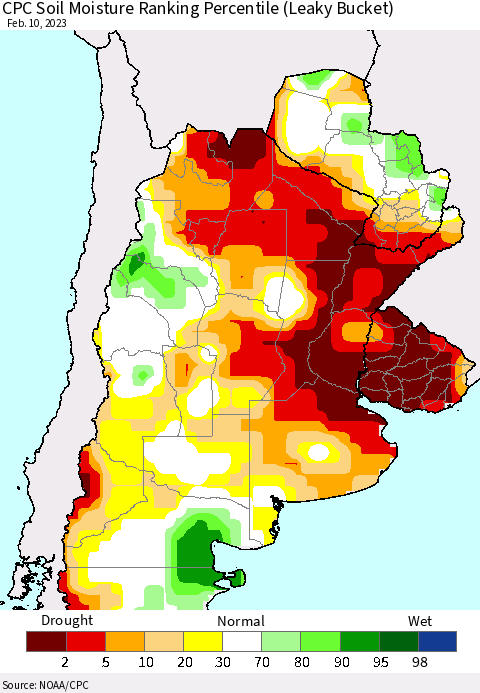 Southern South America CPC Soil Moisture Ranking Percentile (Leaky Bucket) Thematic Map For 2/6/2023 - 2/10/2023