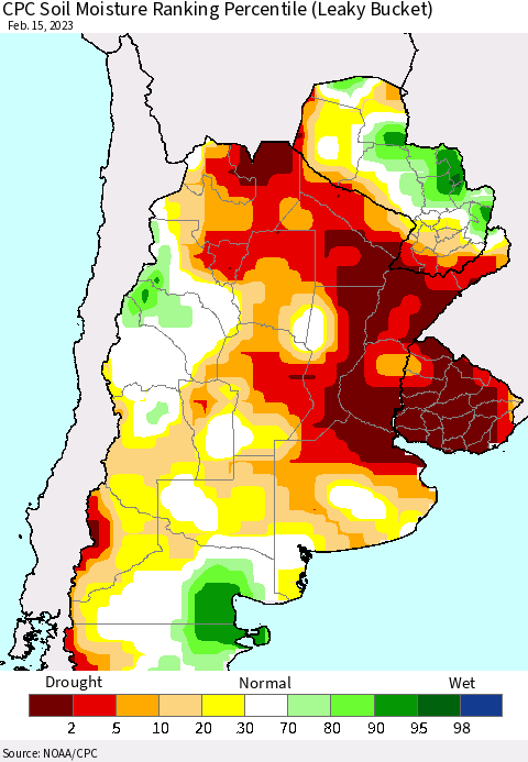 Southern South America CPC Soil Moisture Ranking Percentile (Leaky Bucket) Thematic Map For 2/11/2023 - 2/15/2023