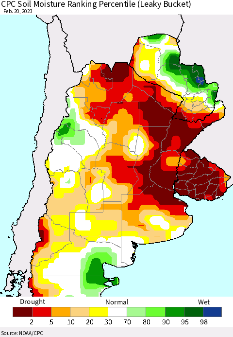 Southern South America CPC Soil Moisture Ranking Percentile (Leaky Bucket) Thematic Map For 2/16/2023 - 2/20/2023