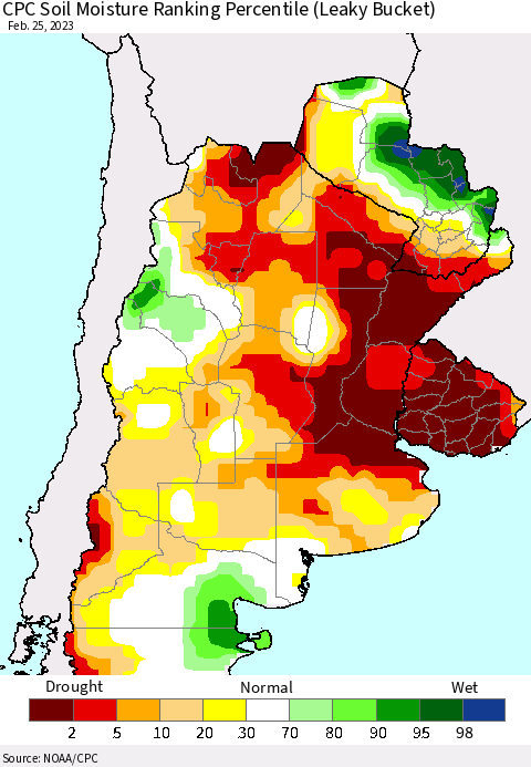 Southern South America CPC Soil Moisture Ranking Percentile (Leaky Bucket) Thematic Map For 2/21/2023 - 2/25/2023