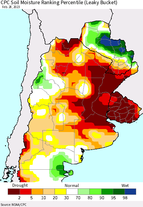 Southern South America CPC Soil Moisture Ranking Percentile (Leaky Bucket) Thematic Map For 2/26/2023 - 2/28/2023