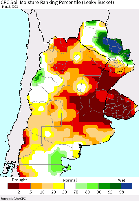 Southern South America CPC Soil Moisture Ranking Percentile (Leaky Bucket) Thematic Map For 3/1/2023 - 3/5/2023