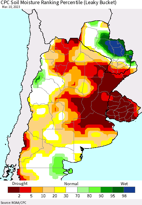 Southern South America CPC Soil Moisture Ranking Percentile (Leaky Bucket) Thematic Map For 3/6/2023 - 3/10/2023
