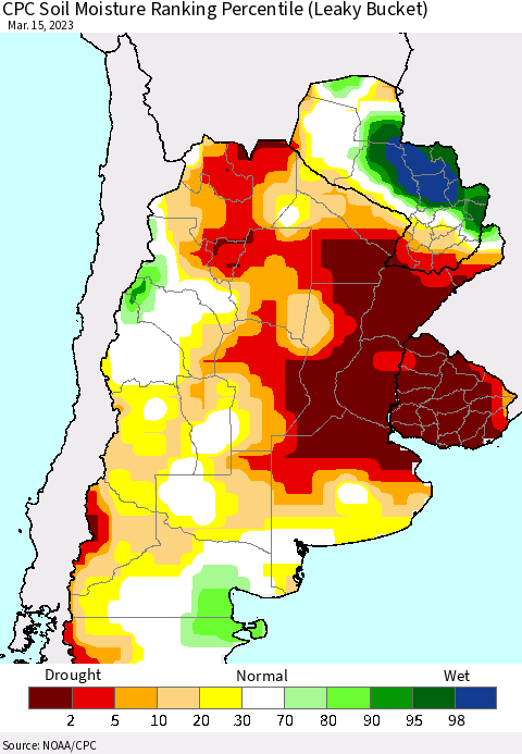 Southern South America CPC Soil Moisture Ranking Percentile (Leaky Bucket) Thematic Map For 3/11/2023 - 3/15/2023