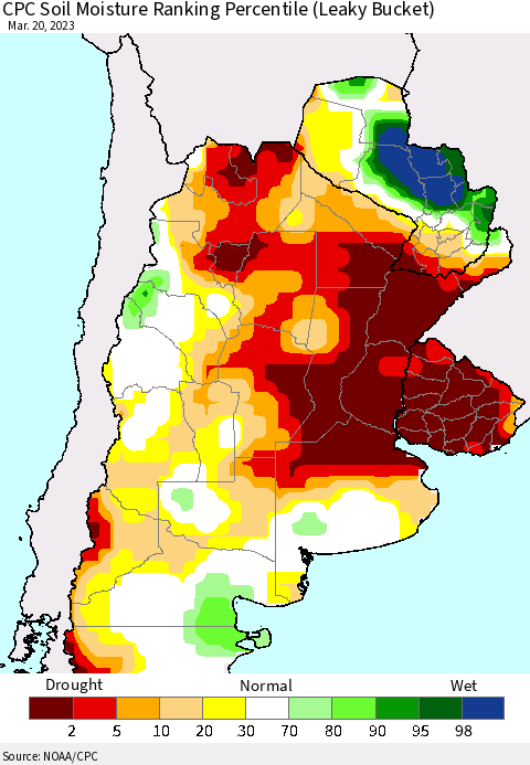 Southern South America CPC Soil Moisture Ranking Percentile (Leaky Bucket) Thematic Map For 3/16/2023 - 3/20/2023