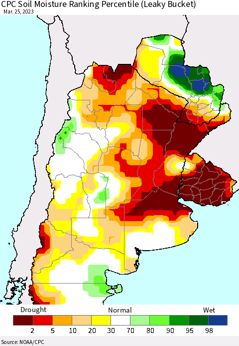Southern South America CPC Soil Moisture Ranking Percentile (Leaky Bucket) Thematic Map For 3/21/2023 - 3/25/2023