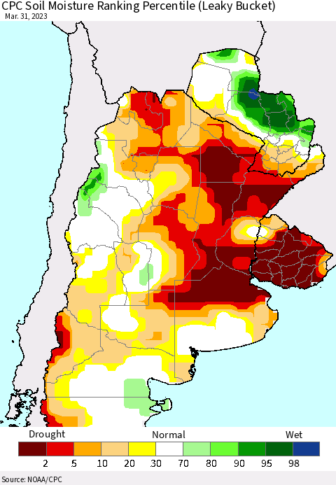 Southern South America CPC Soil Moisture Ranking Percentile (Leaky Bucket) Thematic Map For 3/26/2023 - 3/31/2023