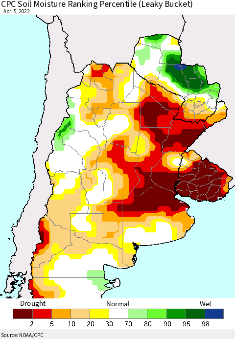 Southern South America CPC Soil Moisture Ranking Percentile (Leaky Bucket) Thematic Map For 4/1/2023 - 4/5/2023