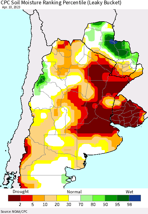 Southern South America CPC Soil Moisture Ranking Percentile (Leaky Bucket) Thematic Map For 4/6/2023 - 4/10/2023