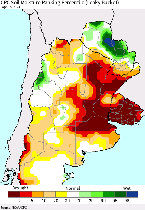 Southern South America CPC Soil Moisture Ranking Percentile (Leaky Bucket) Thematic Map For 4/11/2023 - 4/15/2023