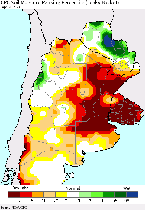 Southern South America CPC Soil Moisture Ranking Percentile (Leaky Bucket) Thematic Map For 4/16/2023 - 4/20/2023