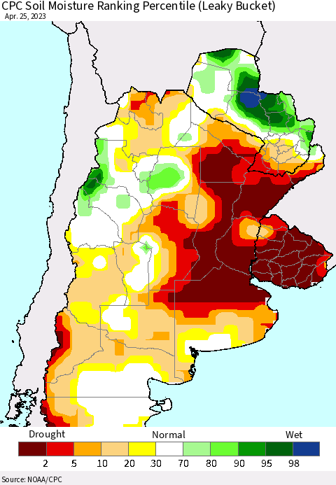 Southern South America CPC Soil Moisture Ranking Percentile (Leaky Bucket) Thematic Map For 4/21/2023 - 4/25/2023