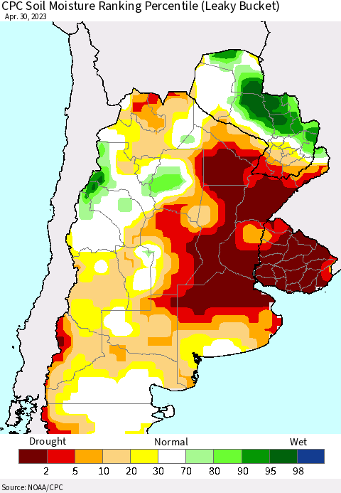 Southern South America CPC Soil Moisture Ranking Percentile (Leaky Bucket) Thematic Map For 4/26/2023 - 4/30/2023